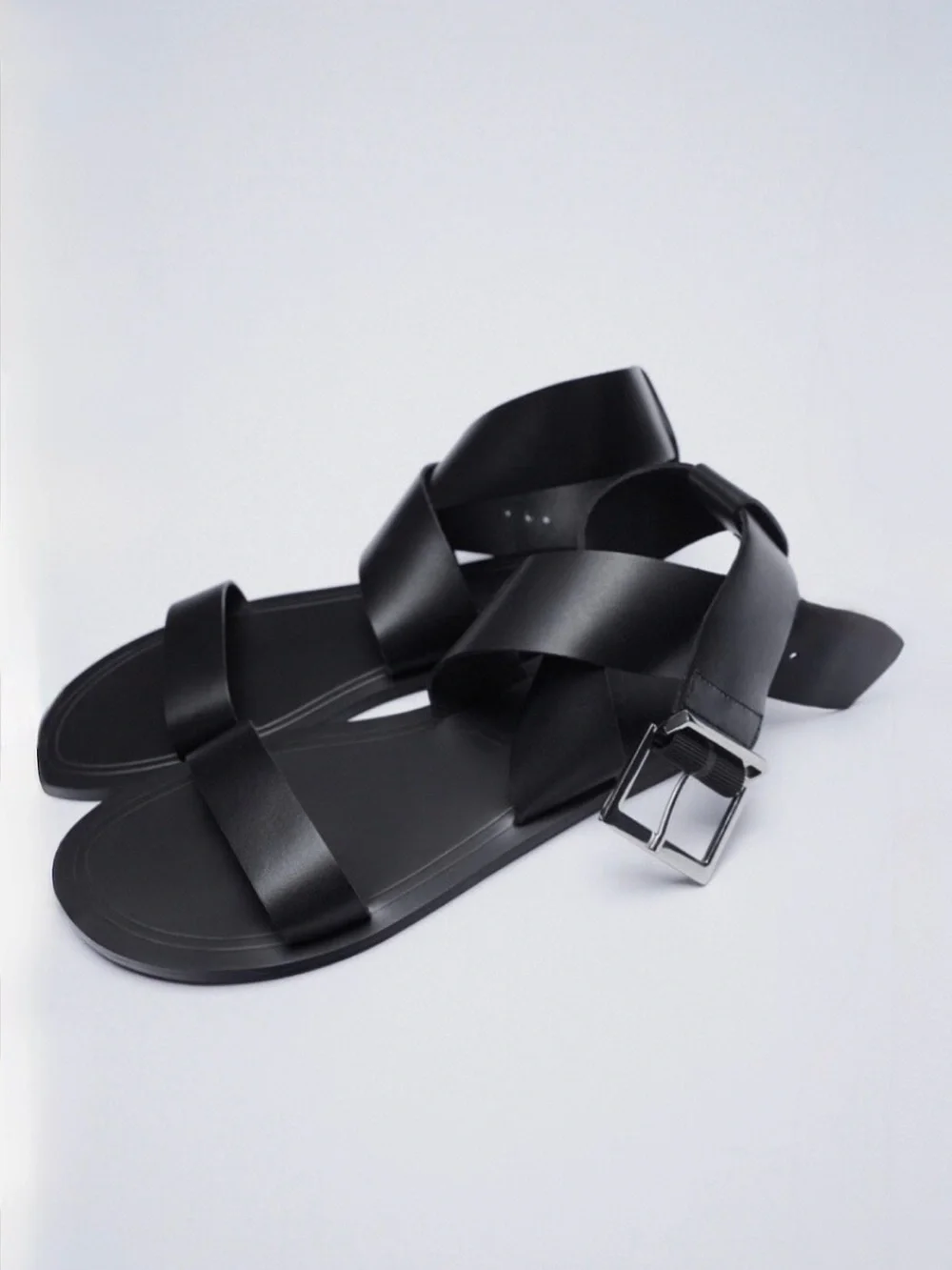 Zara EUC Black Leather Ankle-Strap Flat Sandals Sz: US 7| Minimalist, Chic - Picture 2 of 16